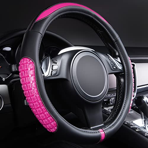 Flying Banner car Steering Wheel Cover Gel Massage Velvet Cool Warm Universal Size 15 inches SUV Truck Anti Slip Odorless Summer Winter (Black Pink, Gel Massage) - color: Black Pink