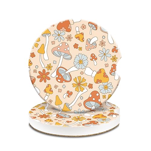 Car Cup Holder Coasters, 2 Pack Universal Auto Anti Slip Insert Coaster,Cerimac Car Coasters with A Finger Notch, Cute Car Assecories for Women Men, Cup Mat for Most Car Interior Mushroom and Flowers - color: Mushroom and Flowers