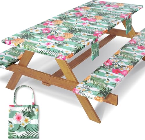 3 Piece Picnic Table Cover with Bench Covers Elastic Fitted Heavy Duty Camping Table Cloths for 6Ft Tables Camper Travel Trailer Must Haves Motorhome Garden Organization Mom Dad Birthday Gift - color: Green Striped Pineapple, size: 72*30Inch