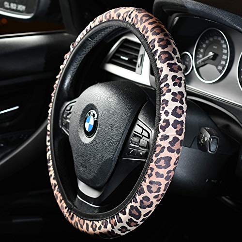4 Pieces Leopard Cheetah Print Steering Wheel Cover Set with Car Cup Holder & Quarter Keyring, Universal Fit 14-15.5 inches, Leopard Cheetah Print Car Accessories Set - color: Leopard