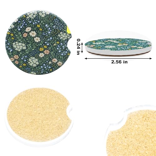 Ceramic Car Coasters, 2 Pack, 2.64" Absorbent Car Cup Holder Coasters, Cute Ceramic Car Coasters for Women, All-Over Floral Pattern - color: All-over Flower