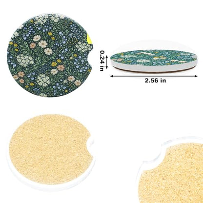 Ceramic Car Coasters, 2 Pack, 2.64" Absorbent Car Cup Holder Coasters, Cute Ceramic Car Coasters for Women, All-Over Floral Pattern - color: All-over Flower
