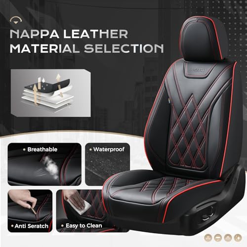 Coverado Car Seat Covers, Front Covers for Cars, Car Seat Cover Front Seats, Automotive Seat Cover, Waterproof, Leather Car Seat Cushion, Universal Interior Seat Protectors for Most Cars Black-Redline