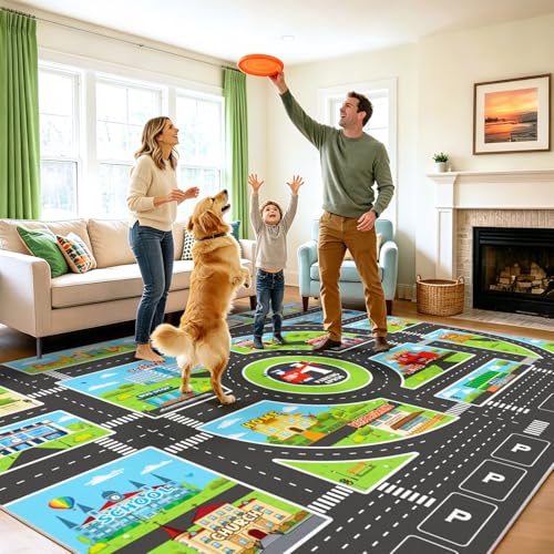 Kids Area Rugs for Playroom Non-Silp Carpet 7x9Ft Washable Rug for Childs, City Road, Building, Landmark Playmat for Kids Bedroom Playroom