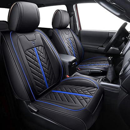 Tomatoman Tacoma Car Seat Covers Compatible with Toyota Tacoma 2005-2023 2024 2025 2026 Truck Access Double Crew Cab TRD Pro Trail Edition Off-Road Waterproof Leather Cushions(2PCS Front/Black-Blue) - color: 2 PCS Front/Black-Blue