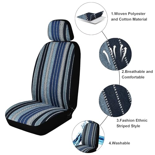 Baja Saddle Blanket Car Seat Covers, Boho Striped Woven Front Seat Protectors, Breathable & Washable Interior Covers, Universal Fit for Most Cars SUVs Trucks, Airbag Compatible, Blue, 8 pcs. - color: BLUE