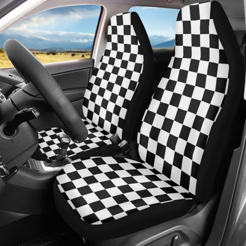 Pehede Car Seat Cover Black and White Chess Pattern Front for Cars, Easy to Install Cover Set, Accessories Auto Trucks Van SUV,2 Packs - color: Multi02