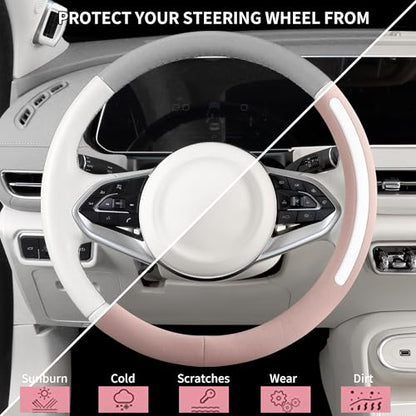 Steering Wheel Cover, Universal 15 inch, Faux Leather Steering Wheel Protector Anti-Slip, Breathable & Heating-Compatible for Cars Trucks SUVs Vans - color: Pink
