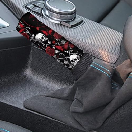 Skull Rose Print 2 Pcs Car Shift Knob Cover Handbrake Cover Set, Stretchy Car Gear Shift Knob Cover and Auto Selector Handball Collar Vehicle Interior Accessories - color: Skull Rose