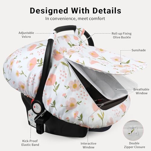Elstey Car Seat Cover Baby, Minky Dot Carseat Covers Baby Boys Girls, Lightweight Infant Car Seat Cover Canopy with 2 Layers Breathable Mesh Windows, Stroller Carrier for Babies Newborn Essentials - color: Pink Flowers