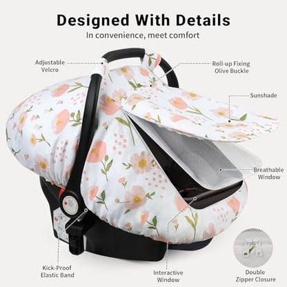 Elstey Car Seat Cover Baby, Minky Dot Carseat Covers Baby Boys Girls, Lightweight Infant Car Seat Cover Canopy with 2 Layers Breathable Mesh Windows, Stroller Carrier for Babies Newborn Essentials - color: Pink Flowers