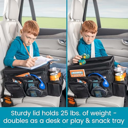 High Road CarHop Car Caddy Organizer with Road Trip Cooler, Car Cup Holder Bin, Sturdy Snack and Play Lid and 6 Organization and Storage Pockets, Black - color: Black