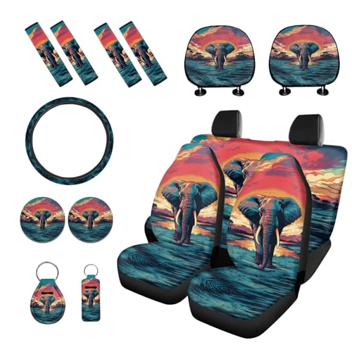 Elephant Sunset Print 15 Pcs Car Interior Covers Set, Car Seat Cover with Seat Belt Covers Car Headrest Cover Steering Wheel Cover Car Coaster - color: Elephant Sunset Print