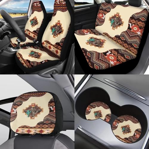 Horeset Ethnic Western Aztec Cactus 11 Pack Car Seat Cover with Headrest Cover+Cup Coasters+Handbrake Cover+Gear Shift Caover+Lanyaeds Key Chain Universal Fit Most Cars SUV Van Sedan Truck - color: Ethnic Western Aztec Cactus
