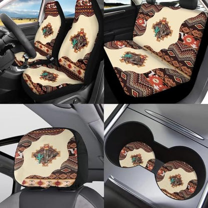 Horeset Ethnic Western Aztec Cactus 11 Pack Car Seat Cover with Headrest Cover+Cup Coasters+Handbrake Cover+Gear Shift Caover+Lanyaeds Key Chain Universal Fit Most Cars SUV Van Sedan Truck - color: Ethnic Western Aztec Cactus