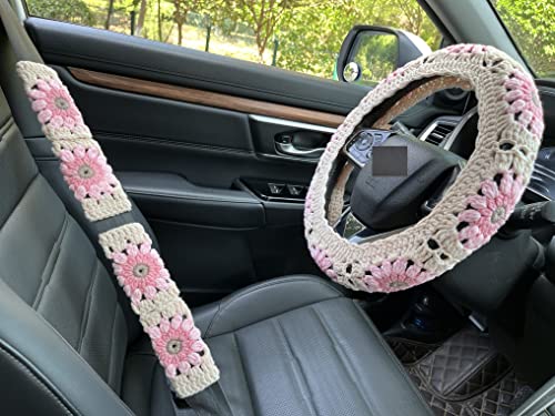 Crochet Sunflower Car Steering Wheel Covers Light Pink Universal 14-15 inch for Women/Men (Steering Wheel Cover+2 Belt Cover) - color: Steering Wheel Cover+2 Belt Cover