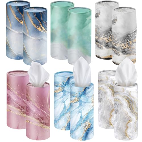 Outus 12 Pcs Marble Car Tissues Cylinder Holder with 3 Ply Facial Tissue Bulk Round Tissue Holder Travel Tissues Boxes Container for Car Cup Wedding Birthday Party - style: Marble