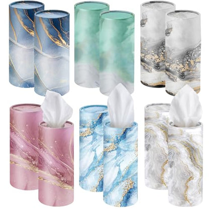 Outus 12 Pcs Marble Car Tissues Cylinder Holder with 3 Ply Facial Tissue Bulk Round Tissue Holder Travel Tissues Boxes Container for Car Cup Wedding Birthday Party - style: Marble