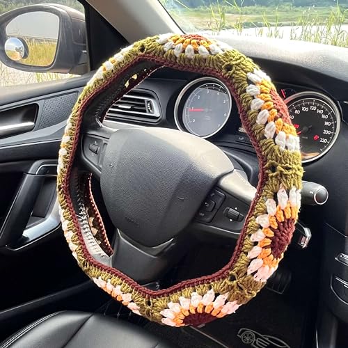 Crochet Steering Wheel Cover Set,Cute Steering Wheel Cover Boho 14-15 in,Handmade Sunflower Granny Square Decor for Women,Hippie Car Accessories for Vehicles (A Wheel Cover)