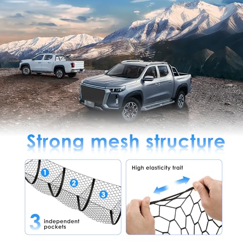 3 Pocket Truck Bed Cargo Net, Upgrade Stretchable Elastic Trunk Bed Organizer for SUV, Car, Pickup Truck Bed, Universal Pickup Mesh Storage Net 47.2" x 11.8" with 4 Ball Bungees