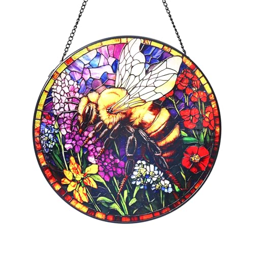 Bee and Flowers Stained Glass Window Hanging Suncatcher with Chain - 7.9" Outdoor/Indoor Art Decor for Home Garden, Wedding, Mother's, Thanksgiving, Valentine's & Christmas Ornaments Present - color: Bee and Flowers