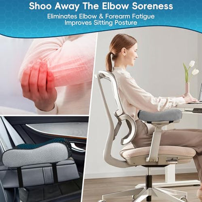 Cooling Gel Armrest Pads,Thick Memory Foam Elbow Pillow for Desk & Gaming Chairs Ergonomic Forearm Support for Pressure Relief,Universal Adjustable Cushion for Work from Home (Set of 2)