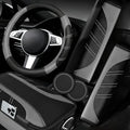 NBTEPEM 6 Pcs Grey Car Accessories Set, Sport Leather Steering Wheel Cover 14.5-15inch Universal, Microfiber Leather Car Center Console Cover, Seat Belt Cushion, Cup Holder Coaster (Black-Grey)