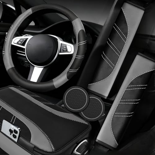 NBTEPEM 6 Pcs Grey Car Accessories Set, Sport Leather Steering Wheel Cover 14.5-15inch Universal, Microfiber Leather Car Center Console Cover, Seat Belt Cushion, Cup Holder Coaster (Black-Grey)