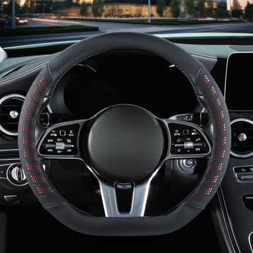 3D Premium Skin-Feel Leather D Shaped Car Steering Wheel Cover, Anti-Slip Breathable Soft Slim Design, Universal 15 inch, Black with Orange - color: Black with Orange, size: D Type-Medium[14.5''-15'']