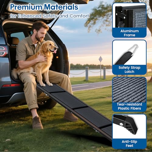 HBTower 63" Long x 17.3" Wide Folding Dog Ramp for Large Dogs Up to 250lbs - Portable Pet Ramp with Non-Slip Surface, Extra Wide Dog Car Ramps for Car, SUV, Truck & High Beds - size: 63" L x 17.3" W