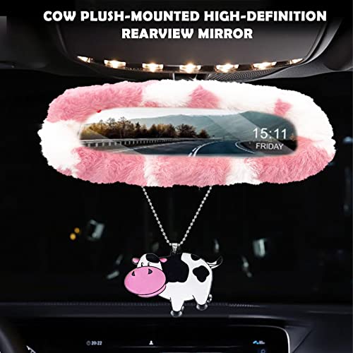 JINGSEN11 Pieces Fluffy Car Accessories Set,Fluffy Cow Print Plush Steering Wheel Covers for Women Soft Fleece Handbrake Cover Shift Cover Car Trim Warm Non-Slip(Pink)