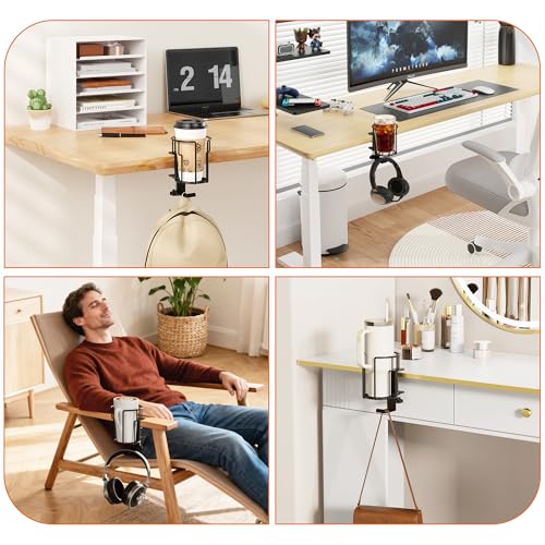 Large Desk Cup Holder, 2-in-1 Clip On Cup Holder with Headphone Hook, Heavy-Duty Metal Drink Holder for Insulated Tumblers, Big Water Bottles, Fits Office Desk Organizer, Dorm, Gaming Setup (2 Pack) - color: Black- 2 Pack