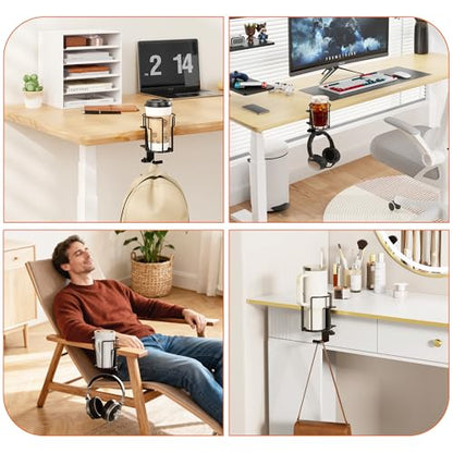 Large Desk Cup Holder, 2-in-1 Clip On Cup Holder with Headphone Hook, Heavy-Duty Metal Drink Holder for Insulated Tumblers, Big Water Bottles, Fits Office Desk Organizer, Dorm, Gaming Setup (2 Pack) - color: Black- 2 Pack