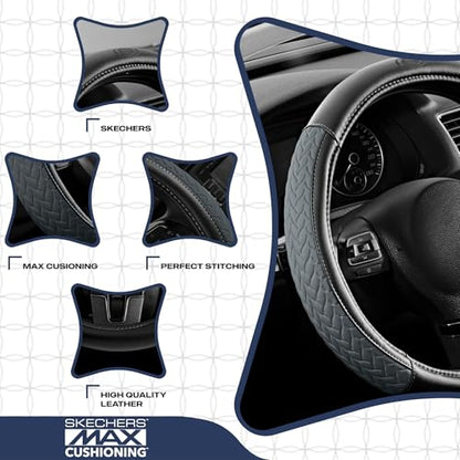 Skechers Steering Wheel Cover,Max Cushioning Leather Steering Wheel Cover Universal Fit 14" 1/2-15" Car Wheel Protector for Men Women Fit Suvs,Vans,Sedans,Car,Trucks,Gray