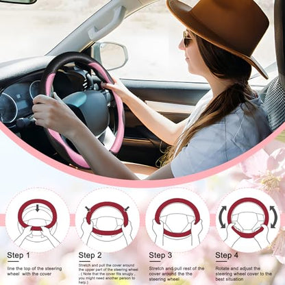 Car Steering Wheel Cover 2025, Universal Auto PU Cute Breathable Slip-Proof Comfort Imitation Leather Protector Cars Interior Accessories for Women Men Fit Most Vehicle (Pink)
