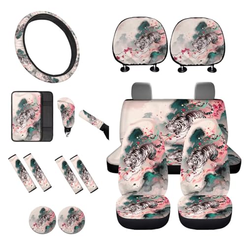 Car Seat Cover Full Sets, Set of 16, Tiger Flower Printed High Back Car Front Rear Seat Covers with Steering Wheel Cover Seatbelt Pads Armrest Pads Gear Shift and Handbrake Covers Coaster - color: White and Pink - Tiger Flower