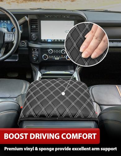 KBH Center Console Armrest Cover for Ford F250 F350 F450 F550 2023-2026 Super Duty, Bucket Seat Console, Arm Rest Lid Box Covering Cushion Pad, Anti-Scratch, Black-Gray Stitch - size: Bucket Seat, 23-26 F250-F550, Gray Stitch