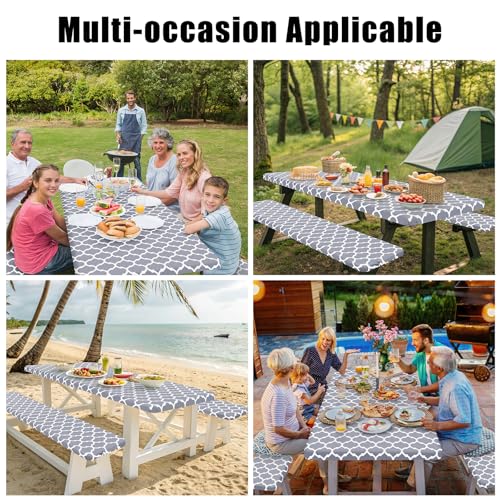 Smiry Picnic Table Cover with Bench Covers, Waterproof Elastic Fitted Tablecloth for 6 Foot Tables, Washable Polyester Tablecloths for Camping, Indoor & Outdoor (Grey, 30x72 Inch 3-pc Set)