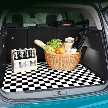 Universal Car Trunk Mat 29" x 39", Black White Checkered All Weather Trunk Protection Cargo Liner,Durable Cargo Mat Rear Trunk Liner, Stylish Vehicle Interior Accessories Suitable for Most Car Models - color: Black White Checkered