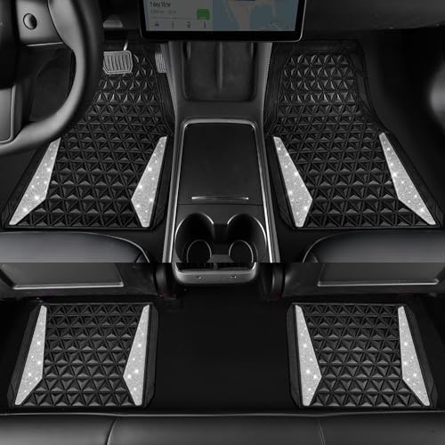 CAR PASS Bling Diamond Car Mats Rubber Floor Mats Full Set Anti-Slip 3D Rhombus Waterproof Trim to Fit Liner Universal Glitter Crystal Sparkly Shining Rhinestone Girl Women SUV Sedan, Silver Diamond - color: White Diamond