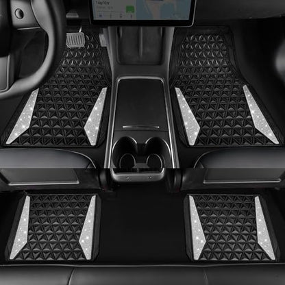CAR PASS Bling Diamond Car Mats Rubber Floor Mats Full Set Anti-Slip 3D Rhombus Waterproof Trim to Fit Liner Universal Glitter Crystal Sparkly Shining Rhinestone Girl Women SUV Sedan, Silver Diamond - color: White Diamond