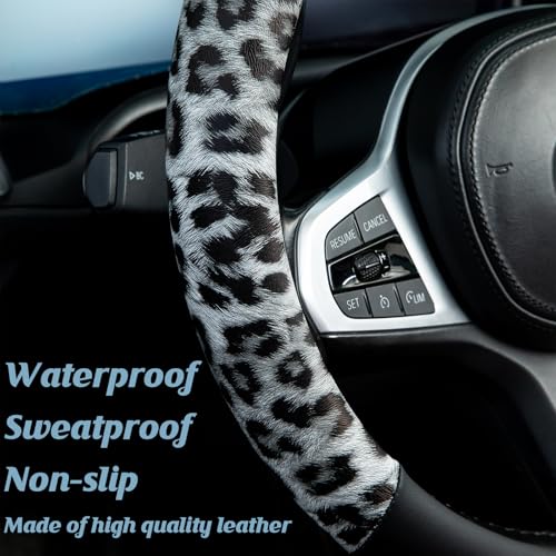 White Leopard Steering Wheel Cover Auto Leather Steering Wheel Protector, Anti-Slip, Breathable, Absorbing Sweat, Universal Leopard Car Accessories 14.5–15 inch,Fit for Most Car, Trucks, SUV - style: White Leopard