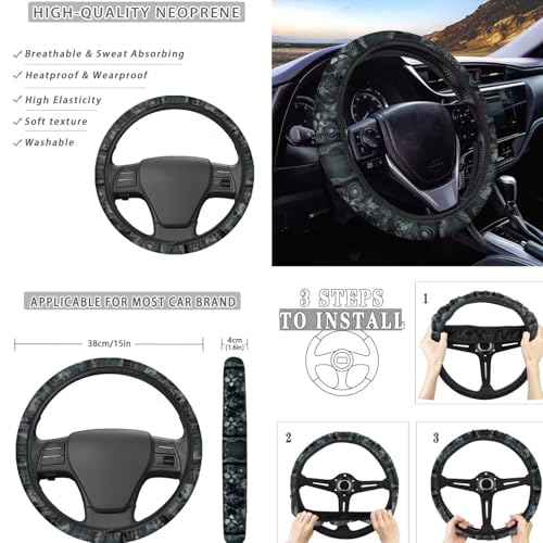 Elephant Printed 15 Pack Car Seat Cover Full Set, Stretchy Car Interior Covers Set Front Rear Seat Protector Seat Belt Pad Steering Wheel Protector Keychain - color: Black and Green-Elephant
