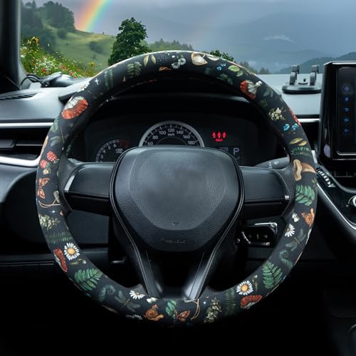 Woodland Fern Moth Dragonfly Mushroom Amanita Steering Wheel Cover Auto Steering Wheel Protector, Anti-Slip, Breathable, Absorbing Sweat, Universal Car Accessories 14.5–15 inch - style: Woodland Fern Moth
