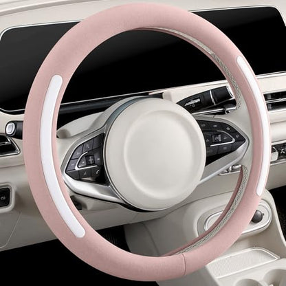 Steering Wheel Cover, Universal 15 inch, Faux Leather Steering Wheel Protector Anti-Slip, Breathable & Heating-Compatible for Cars Trucks SUVs Vans - color: Pink