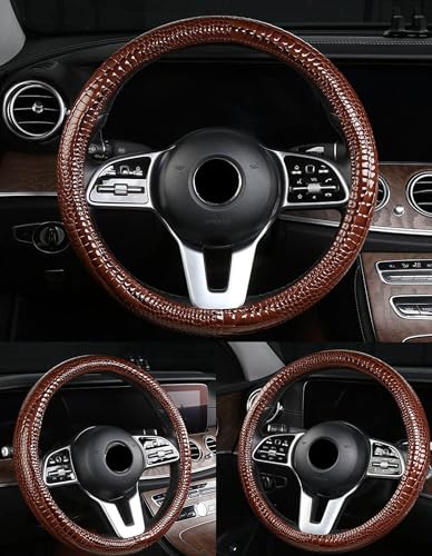Luxury Crocodile Texture Glossy Leather Car Steering Wheel Cover, New Universal 15 Inch Vehicle Steering Wheel Cover for Cars, Trucks, Suvs, Pickups Interior Accessories (Brown) - color: Brown