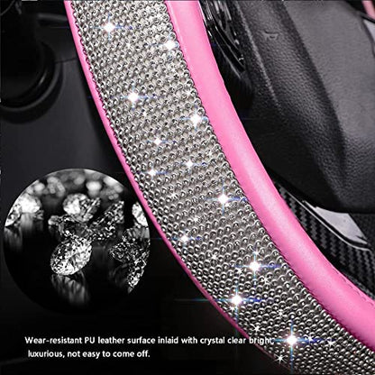 Bling Diamond Leather Steering Wheel Cover for Women Girls with Crystal Rhinestones, Universal Fit 14.5-15 Inch Car Steering Wheel Cover Accessories - color: Hot Pink