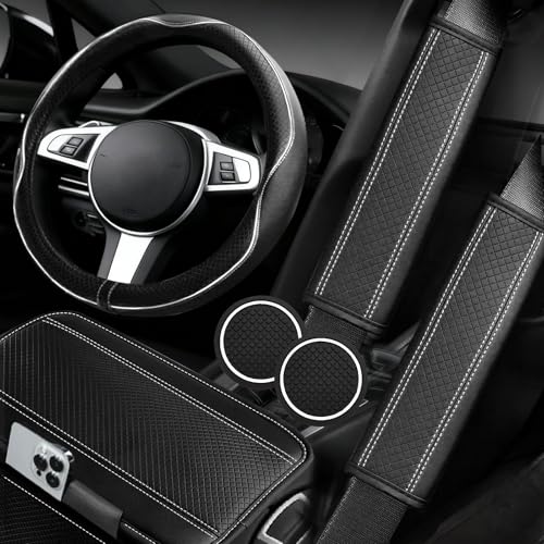 NBTEPEM 6 PCS Car Steering Wheel Cover Set, Microfiber Leather Steering Wheel Covers Universal 14.5-15 inch, Center Console Cover, Seat Belt Cushion, Cup Holder Coaster, Car Accessories Set White - color: Black with white, size: Steering Wheel Cover Set