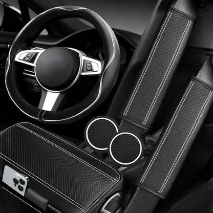 NBTEPEM 6 PCS Car Steering Wheel Cover Set, Microfiber Leather Steering Wheel Covers Universal 14.5-15 inch, Center Console Cover, Seat Belt Cushion, Cup Holder Coaster, Car Accessories Set White - color: Black with white, size: Steering Wheel Cover Set