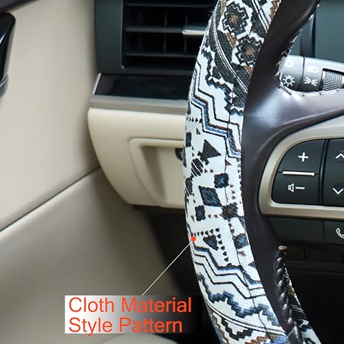 Boho Steering Wheel Cover, Bohemian Cloth Car Steering Wheel for Women Breathable Flax Ethnic Style Steering Wheel Accessories Cover Sweat-Absorbing Anti-Slip Fits 14 1/2-15 Inch - Black - color: Black